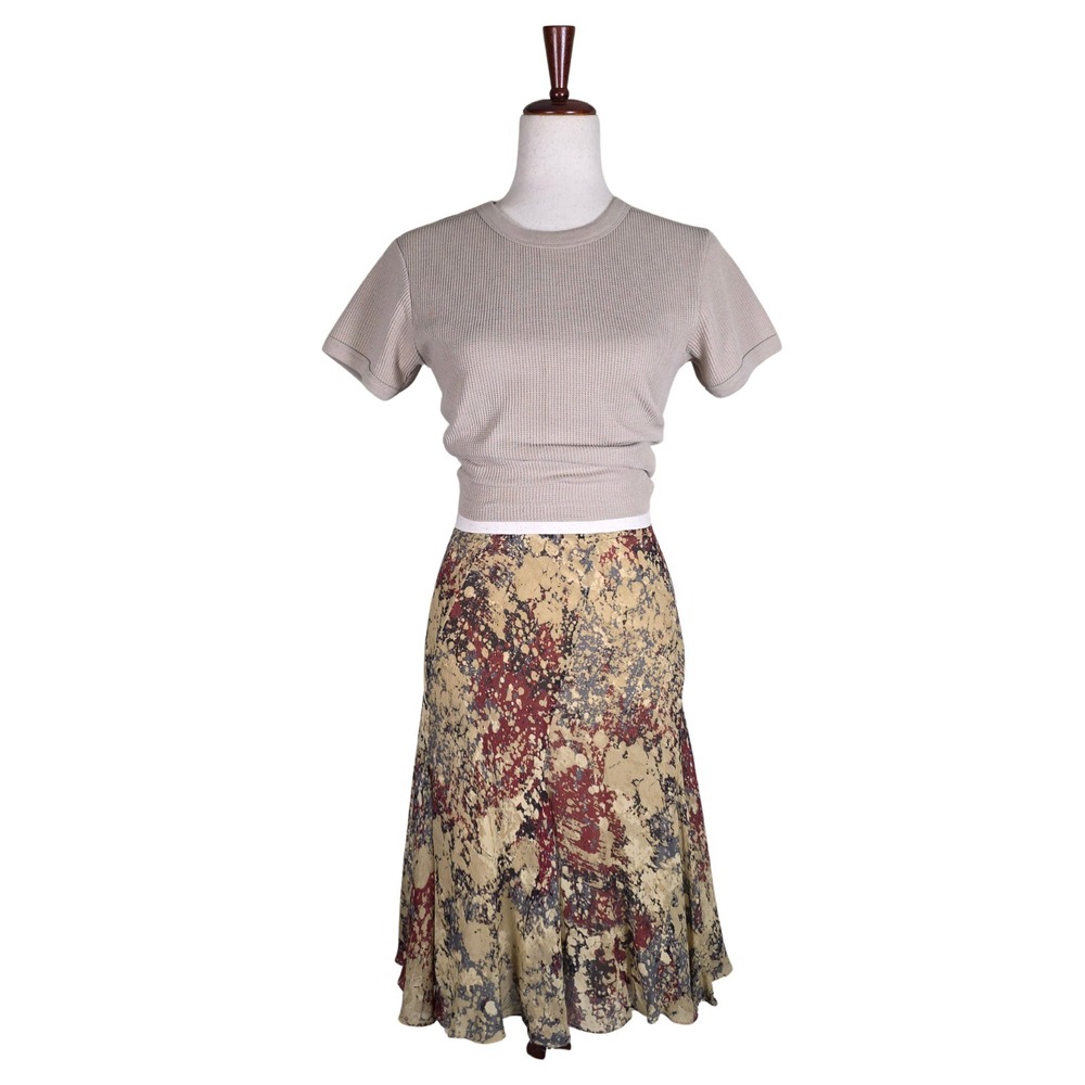 Emanuel Ungaro Silk Skirt Size M Brown Bias Cut Midi Rust Marbling 90s Y2K Fairy